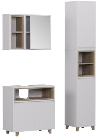 Vicco Badmöbel-Set Elnor, Weiß/Eiche, 60 cm | besteht aus Waschbeckenunterschrank, Spiegelschrank und Hochschrank