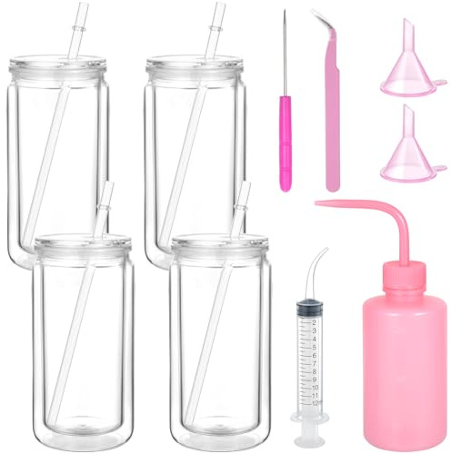 Sibosen 4er-Pack Schneekugel-Becher DIY Set - 16oz vorgebohrte doppelwandige Kunststoff-Masongläser mit Bastelzubehör und Zubehör, Rosa Glitzer-Becher-Set zum Herstellen individueller Becher
