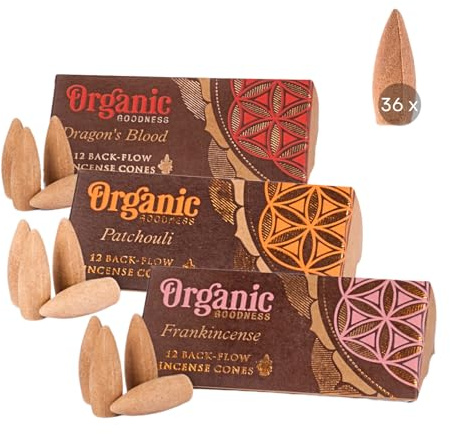 36 x Organic Goodness Rückfluss-Räucherkegel aus natürlichen Zutaten | 3 Sorten, je 12 Kegel, Wasserfall Effekt aus Indien (Patchouli, Weihrauch und Dragons Blood)