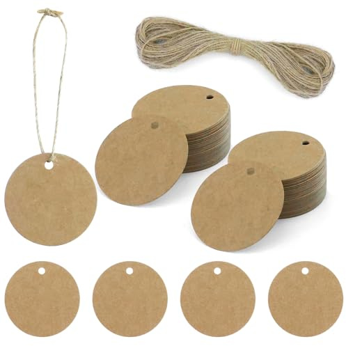 Presentetiketter, kraftpappersetiketter, 300 stycken kraftpapper, hängande papper, runda 5 cm presentetiketter för märkning med snöre 20 m, hängetiketter för presentförpackning, bröllop, handgjord