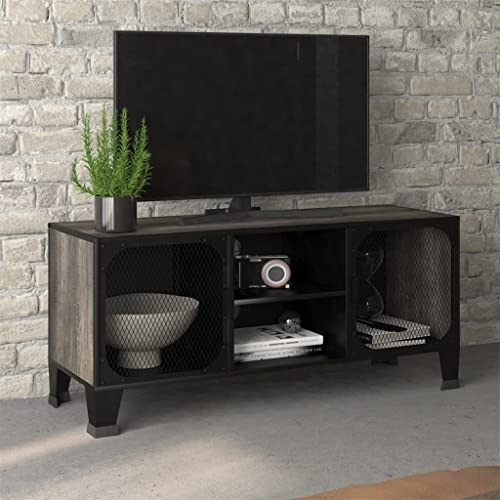 XinZaphrisal Industrial Grey TV Stand with Mesh Doors and Cable Management, Modern Lowboard for Living Room, Sturdy MDF Frame and Metal Details, Compact Storage Unit for Media Devices