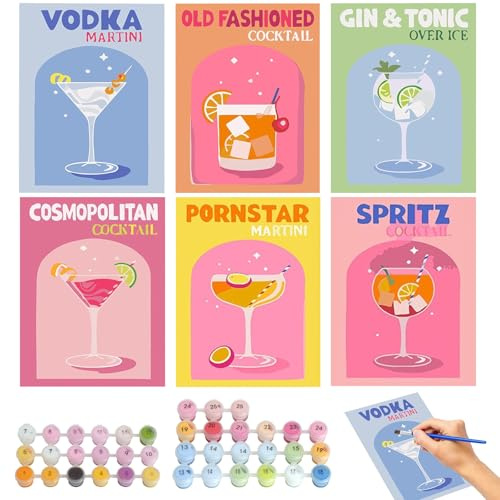 TayBong Paquete de 6 kits de pintura por números para adultos, cócteles, pintura acrílica sobre lienzo con pincel y pinturas, juego de arte amigable para principiantes para decoración de pared del