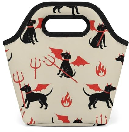 DIGTIA Lunch Bag Black Dogs Red Wings Horns Portable Waterproof Insulated Reusable Lunch Tote Bag for Adult Work Picnic