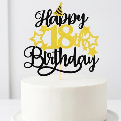18th Birthday Cake Topper - Black Gold Glitter Cake Decoration for 18 Birthday Party - Pre Assembled Non Edible Cake Decor