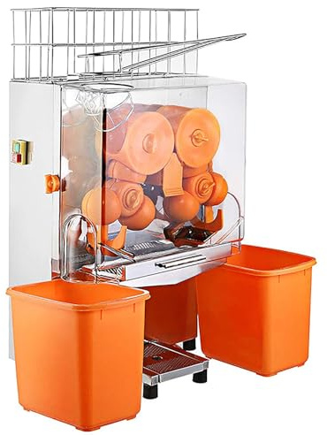 Extractor de jugo automático – Exprimidor de naranja comercial de 120 W para 22-30 naranjas por minuto, construcción de acero inoxidable, incluye cubos de recogida de pelar y filtro extraíble