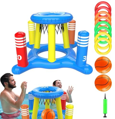 Basketballkorb Für Pool – Aufblasbares Schwimmendes Tor, Große Bälle, Wasserspiel-Set Für Draußen, Wurfringe, Sommerparty-Spielzeug, Familienaktivität | Multifunktionales Schwimmbad-Basketballspielzeu
