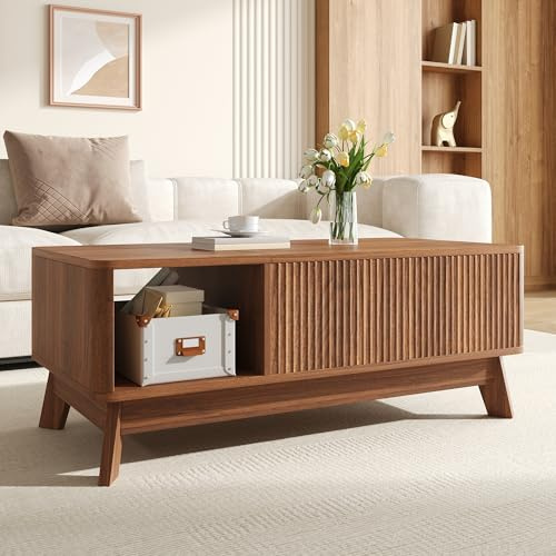 BENMWS Mesa de centro con función elevador, aspecto ondulado, 48 x 50 x 95 cm, compartimento lateral abierto, material de MDF, estilo moderno, color nogal
