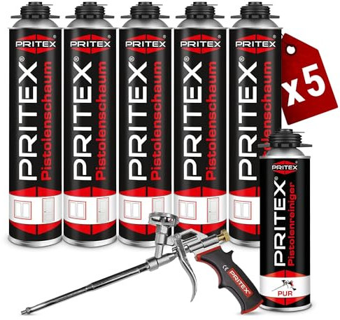 PRITEX – Bauschaum Set 5 x 750 ml Pistolenschaum inkl. Pistolenreiniger 500 ml und Schaumpistole – Montageschaum zum Verfüllen, Dämmen & Abdichten – PU-Schaum mit hervorragender Schall- & Wärmedämmung