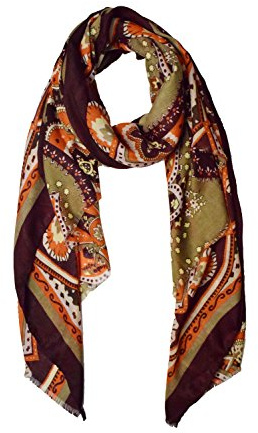 Peach Couture Vintage Look Elegant Floral Paisley Damask Soft Eyelet Fringe Long Scarf Shawl (Olive/Purple/Orange)