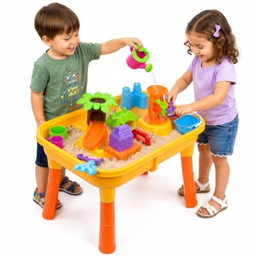 The Magic Toy Shop 25-Piece Sand and Water Table with Compartments & Water Mill - Kids Garden Play Equipment, Messy Play Sandpit & Beach Toys for Boys & Girls
