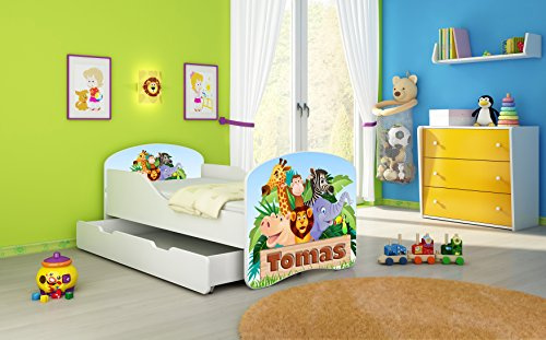 Kinderbett Jugendbett Komplett mit einer Schublade und Matratze Lattenrost Weiß ACMA I (160x80 cm + Bettkasten, 02 Animals Name)