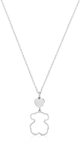 TOUS Collar de Plata de Primera Ley para Mujer con Colgante de Oso de 19 mm y Corazón de 8.6mm, 45 cm de Largo, Elegante y Versátil, Colección Silueta