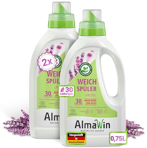 AlmaWin® Weichspüler mit Lavendel-Duft [2x 750ml - 60 Ladungen] für kuschelweiche Wäsche - Veganer Weichspüler Bio kombinierbar mit allen Waschmitteln - Flüssiger Weichspüler Öko Softener