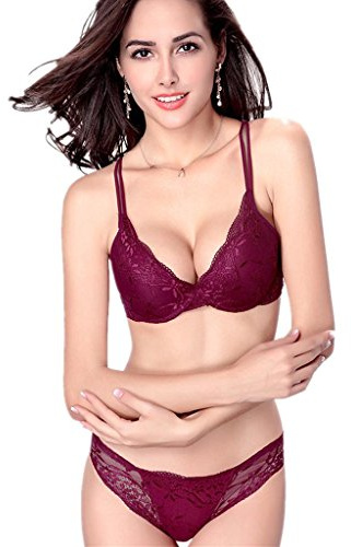 SnowFox Damen Spitzen Push Up BH Unterwäsche Sets, 85B, Burgundy