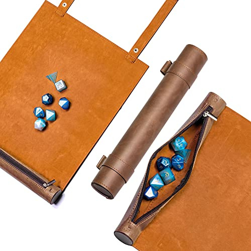 Cusdie 2 in 1 Rolling Mat & Zippered Dice Holder Tray - Compatible with DND Polyhedral Dungeons and Dragon (Brown)