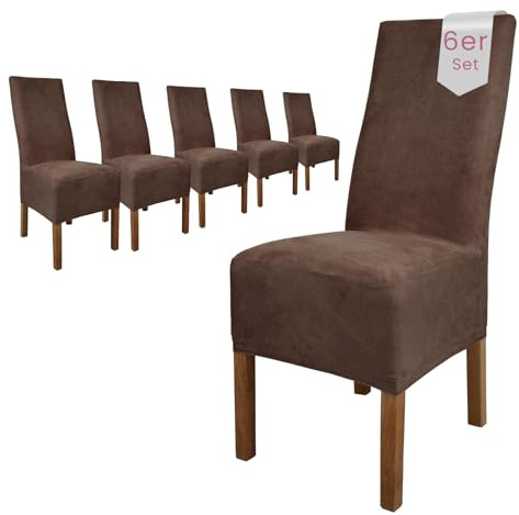 Scheffler Home Stuhlhussen Braun 6er Set Velours Stretch Leon | Elastische und waschbare Stuhlbezüge,Öko-Tex zertifiziert,für Esszimmerstühle, Hochlehner und Polsterstühle
