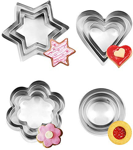 12 Piezas Moldes de Galletas de Acero Inoxidable con Forma Geométrica, Forma de Corazón Estrella Círculo/molde de Flores Redondo para Galletas Pastelería Fondant Sándwich Decoración de Tartas Navidad