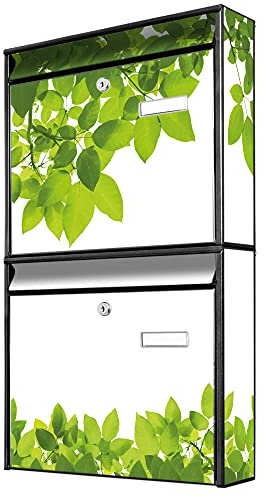 banjado Briefkastenanlage 2 Fach - 2 Briefkästen 36x64x10cm groß - Doppelbriefkasten Set - Namensschild, 2 Schlüssel, Montagematerial - Stahl verzinkt schwarz - Motiv Blätter grün