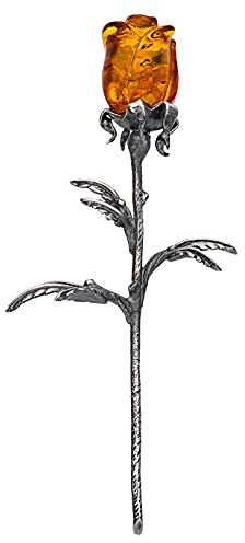 AMBEDORA Ewige Rose, Oxidiertes Sterling Silber, Handgeschnitzte Bernsteinrose, Kleine Ewige Rose aus Silber mit Bernsteinkopf in Cognac Farbe