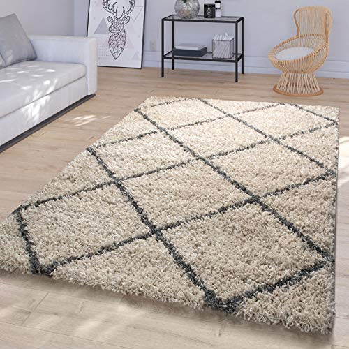 TT Home Tappeto per soggiorno a pelo alto shaggy moderno design a rombi in effetto scandinavo, Colore:Beige-Anthracite, Dimensione:120x170 cm