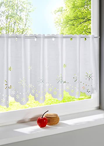 Devola Rideau brise-bise semi-transparent avec aspect soie avec motif floral découpé au laser et barre perforée Blanc 30 x 120 cm