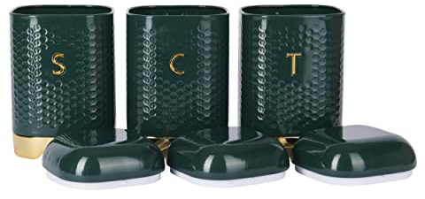KitchenCraft Tea, Coffee and Sugar Storage Canister, Hunter Green & Gold, 11.5 x 11.5 x 19.5cm