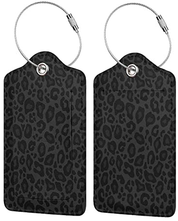BLOCIT 2 Pack PU Leather Luggage Tags with Privacy Cover Stainless Steel Loop ID Labels for Suitcases Travel Bags (Luxury Black Grey Leopard)