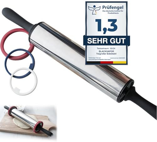 BLACKVAPOR® Nudelholz Edelstahl für Profis - garantiert die besten Ergebnisse - Premium Teigroller mit Abstandshalter - spülmaschinenfest - ermöglicht müheloses Ausrollen von Teig