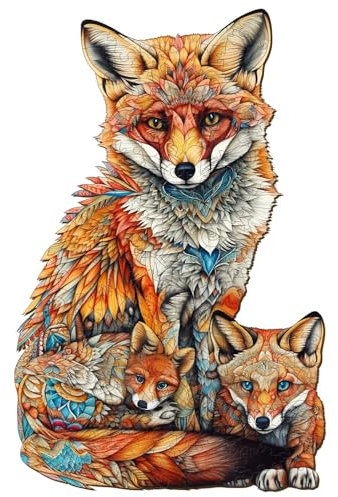 Funnli Holzpuzzle Erwachsene, 100 Stück Fox-Familie Holz Erwachsene, Wooden Puzzle Einzigartige Form Puzzleteile, Puzzle Holz 14+ mit Geschenkbox aus Holz(S-9.2 * 5.9in)
