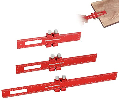 Präzisions-Taschenlineal für die Holzbearbeitung,12, 8, 6 Zoll Messlineale für die Holzbearbeitung, quadratisches Messlineal, T-Typ-Ritzlineal Engineer Scale Lineal mit Slide Stops (Rot)