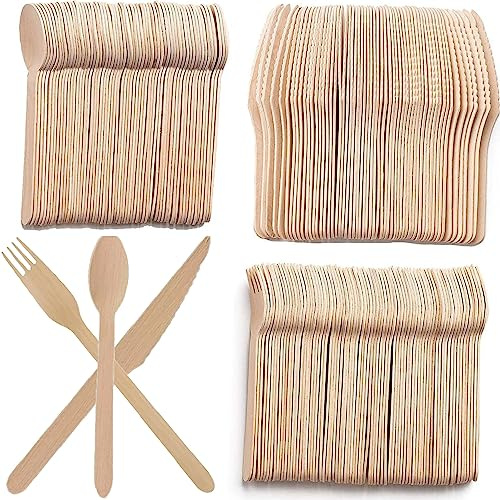 Holzbesteck, 100 Stücke Holzlöffel, 100 Stücke Holzgabeln, 100 Stücke Holzmesser, Wiederverwendbar Holz Besteck, Biologisch Abbaubar Holzbesteck Einweg Geeignet für Geburtstage Camping Grillabende