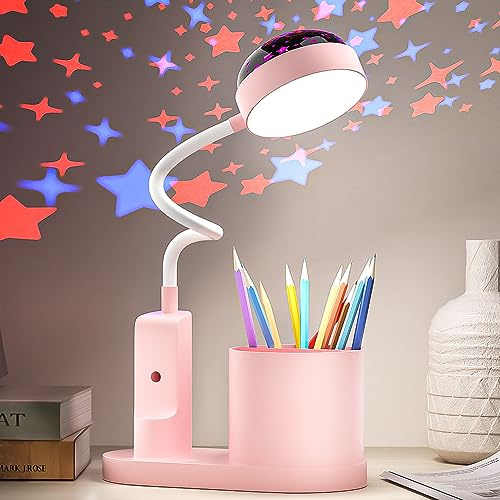 TechKen Schreibtischlampe Kinder LED Nachttischlampe Tischlampe | Dimmbar Helligkeitsstufen Wiederaufladbare Deraufladbare Lampe Schwanenhals Studienlampe mit Stifthalter Stern Projektion