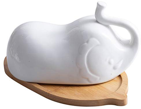 Beurrier Éléphant en Céramique avec Couvercle for Comptoir ou Réfrigérateur, Beurrier Couvert avec Poignée et Plateau en Bambou, Beurrier for Comptoir