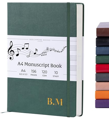 Beechmore Books Monogram Manuscript Paper Notebook - A4, Green | Premium 10-Staff Music Book Hardcover Vegan Leather, 120gsm | Professional Staves Pad | Gift Box For Musicians, Students & Songwriters