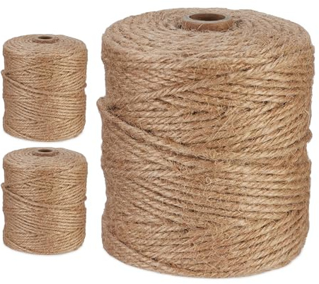 Relaxdays Juteschnur 3 mm, 3 Rollen Jutegarn je 100 m, biologisch abbaubar, Basteln, Garten, Verpackung, Kordel, Natur