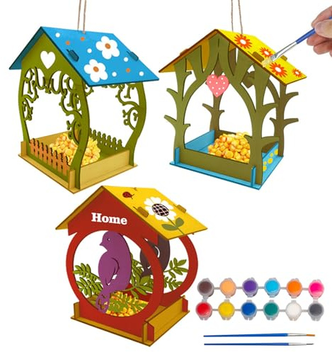 Qivine 3 Pack DIY Bird House Kit, Wood Arts Crafts for Kids to Build and Paint Birdhouse, Large Bird Bungalow Hanging Kits for Children Birdhouse Making Set with 12 Paints and 2 Brushes
