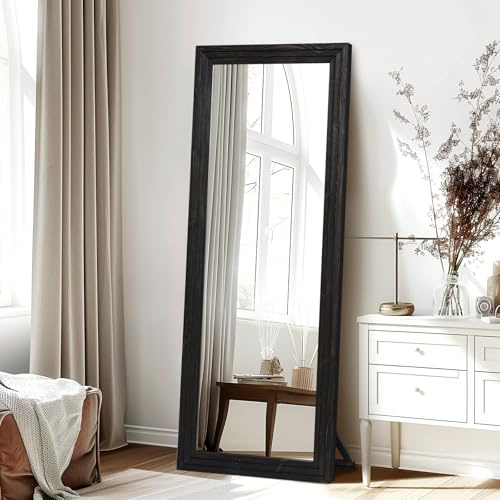 YLYHSST 65x22 Full Length Mirror Solid Wood Frame Floor Mirror with Stand for Living Room, Bedroom Hanging Standing or Leaning, Black