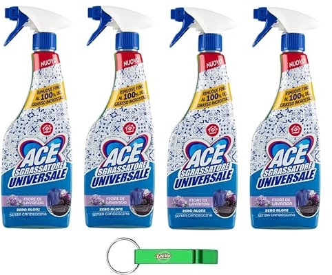 4x ACE Sgrassatore Universale, Fiori di Lavanda,Universal-Entfetter, Lavendelblüten - Entfernt bis zu 100% verkrustetes Fett - Ohne Streifen,Ohne Bleichmittel - Spray 600ml + Beni Culinari Kostenlos