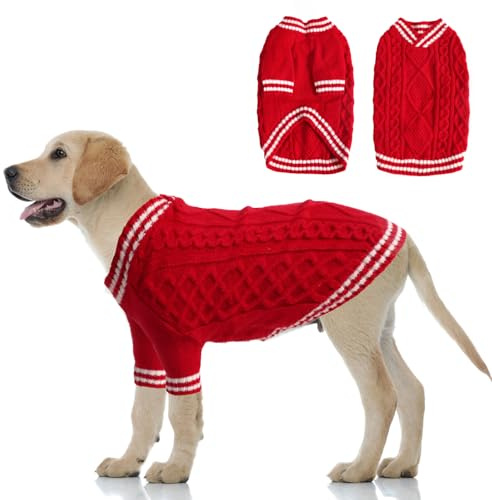 LiebeDD Hundepullover Grosse Hunde, Warm Strickmantel Hundepulli V-Ausschnitt Hunde Pullis Strick Hund Pullover für Französische Bulldogge, Labrador, Deutscher Schäferhund, Dog Sweater (Rot XXL)