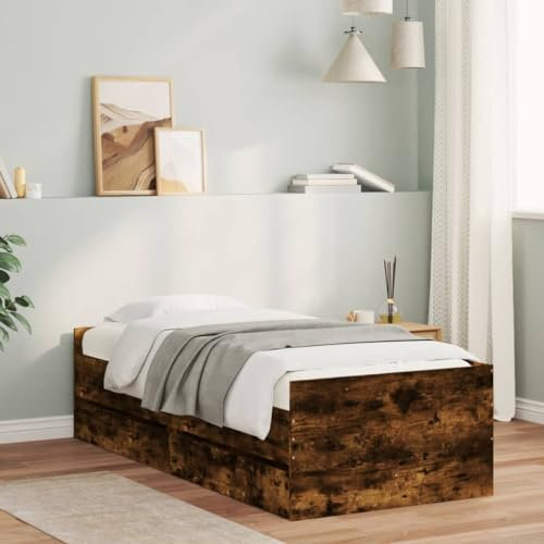 THOYTOUI Bettgestell, Bettstütze Seniorenbett Tagesbett Bettrahmen Geeignet für Schlafzimmer Wohnungen Gästezimmer Studentenwohnheim mit Schubladen Räuchereiche 90x190 cm