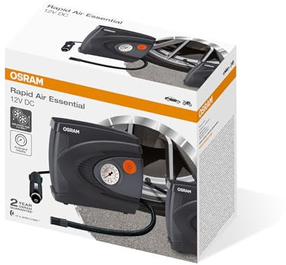 OSRAM Rapid Air Essential, gonfleur de pneus analogique compact, gonfle un pneu en 4,5 minutes, OTI610, alimenté par une prise 12 V embarquée, black