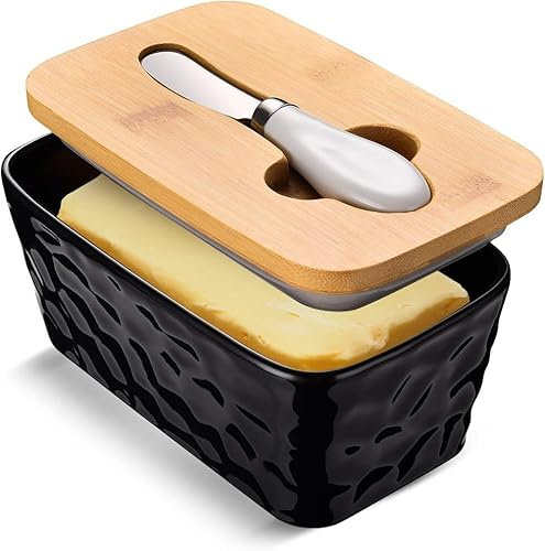 YYAOEMI Black Rectangular Ceramic Butter Dish with Matte Finish and Silicone Seal, Large, yk-11