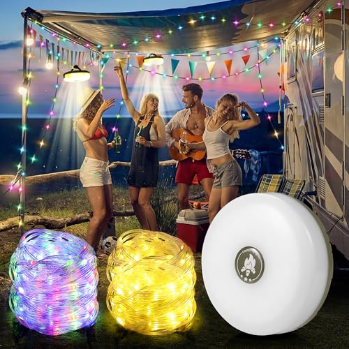 Toncoke Retractable Camping String Lights - 32FT 100 LEDs, USB-C Rechargeable with Power Bank, RGBW Waterproof Fairy Lights for Tent, Patio, Garden, Christmas Tree & Emergency