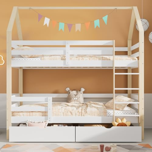 Kinderbett 90x200 für 2 Kinder, Hochbett mit 2 Schubladen, Etagenbett Hausbett mit Rausfallschutz & Lattenrost, Holzbett Stockbett Stauraumbett Jugendbett Bettgestell Funktionsbett,ohne Matratze,Weiß