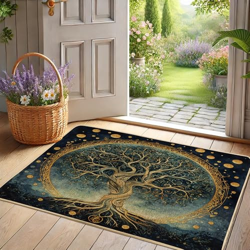 Tree of Life Doormat, Golden Tree Front Door Mat for Outdoor & Indoor Entrance Nature Decor, Rubber Waterproof Non-Slip Dust Absorbent, Easy Clean 29x17 Inch