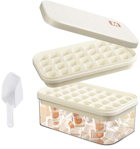 Ice Cube Tray with Lid Bin, 56 Cube Silicone Ice Cube Moulds, Stackable Ice Trays for Freezer with Easy Release, Ice Cube Tray Set with Container, Lid & Scoop for Drinks, Coffee, Cocktails (2 Trays)