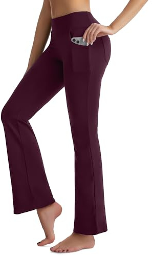 CAMBIVO Ladies Stretch Bootleg Trousers, Bootcut Yoga Pants for Women, Comfy Soft Flared Leggings with Pockets and Elasticated Waist for Sports, Casual Wear(Wine Red, M)