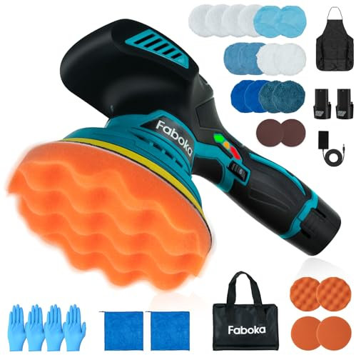 FABOKA Lucidatrice per auto, 12 V, lucidatrice eccentrica, con 25 inserti e 2 batterie da 2,0 Ah, macchina per la cera a batteria, 6 velocità variabile 5500 RPM
