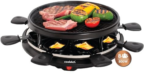 Cookitch Raclette 8 Personas - Piedra redonda Plancha Grill Antiadherente y 8 sartenes, Parrilla eléctrica para asar Carne, Verduras y fundir Queso