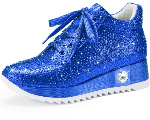 FINDVELL Women's Fashion Glitter Sneakers Platform Wedge Shoes Sparkly Rhinestone High Top Sneakers Trendy Sequin Shoes Wedding Bride Dress Size 9 Blue